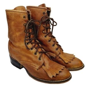 Laredo Sara Rose Western Boots Leather Tan Kiltie Rope Lace-Up Size 6.5 Cowboy